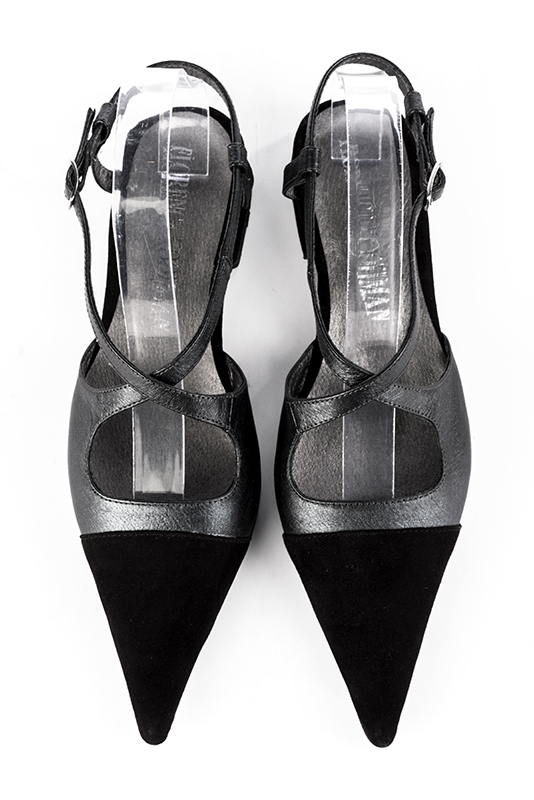 Matt black and dark silver women's open back shoes, with crossed straps. Pointed toe. Flat block heels. Top view - Florence KOOIJMAN
